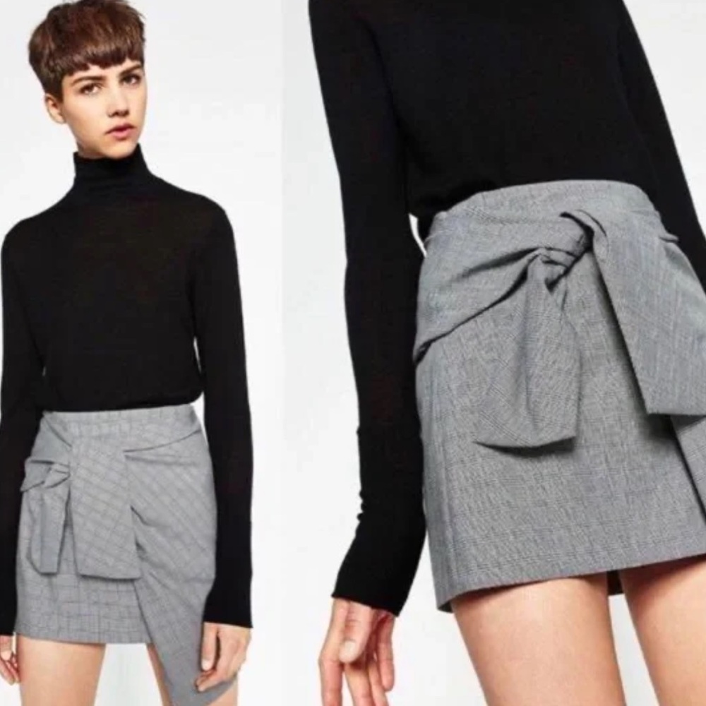Zara NWOT Plaid Asymmetrical houndstooth Mini Skirt Front tie knot Woman’s Large - Picture 2 of 6